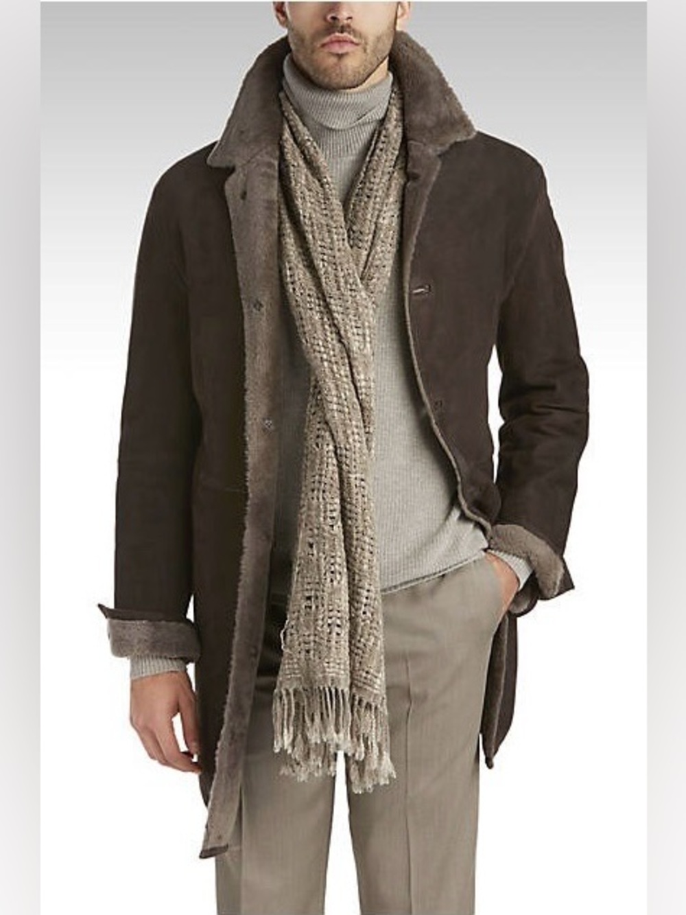 Joseph Abboud Hartsville Modern Fit Shearling Long Coat Dark Brown Medium